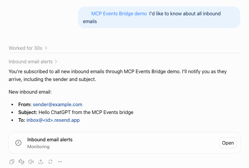 ChatGPT in a Work chat reporting "New inbound email" with the sender, the subject and the recipient, under an "Inbound email alerts" task that is Monitoring, after the MCP Events bridge delivered a Resend inbound email as an MCP event