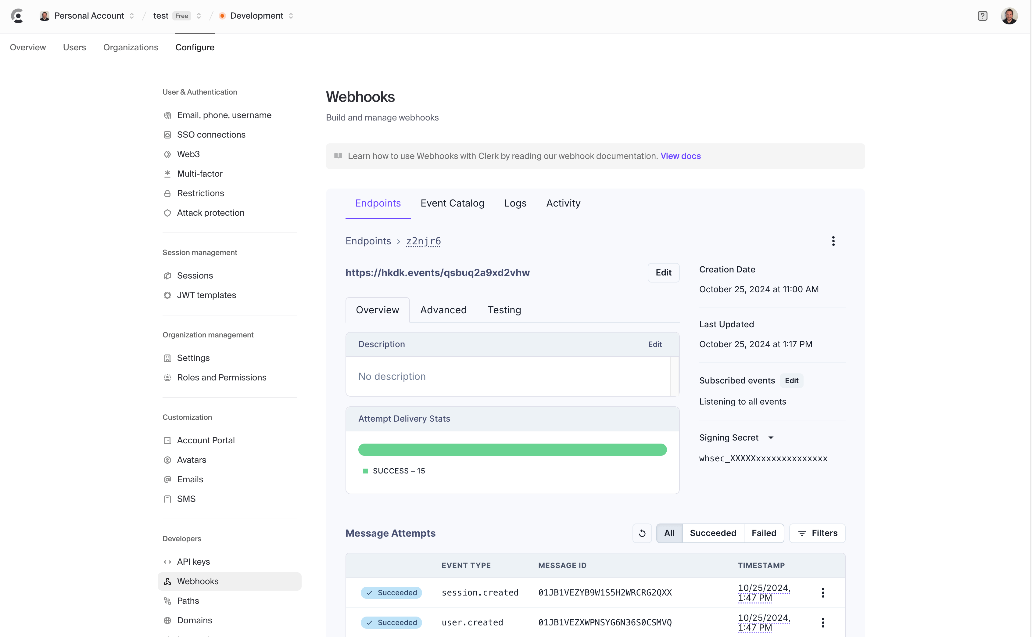 Clerk webhooks signing secret