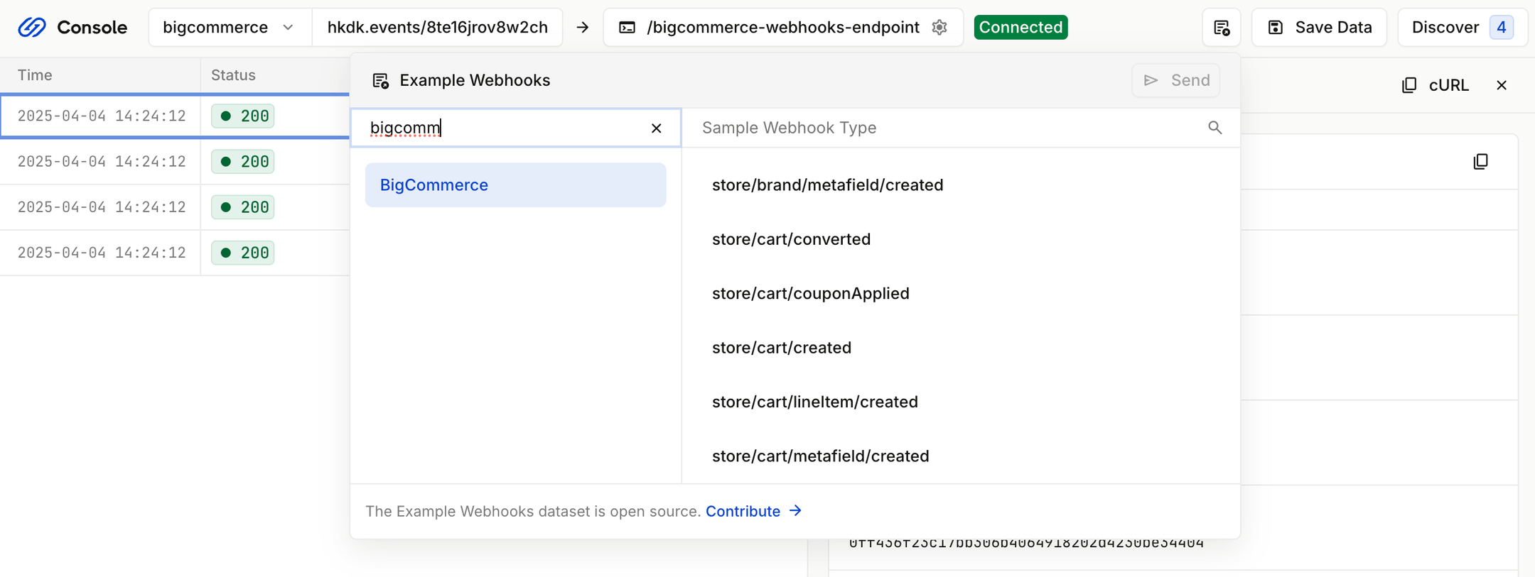 Example webhooks dialog