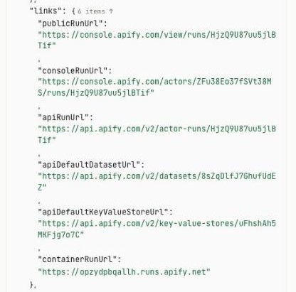 The links object in an Apify run-succeeded payload, viewed in Hookdeck Console