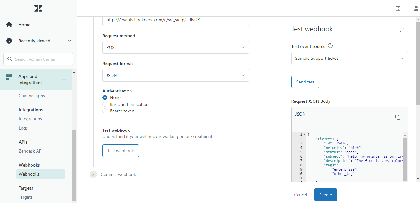Create Webhook in Zendesk Dashboard