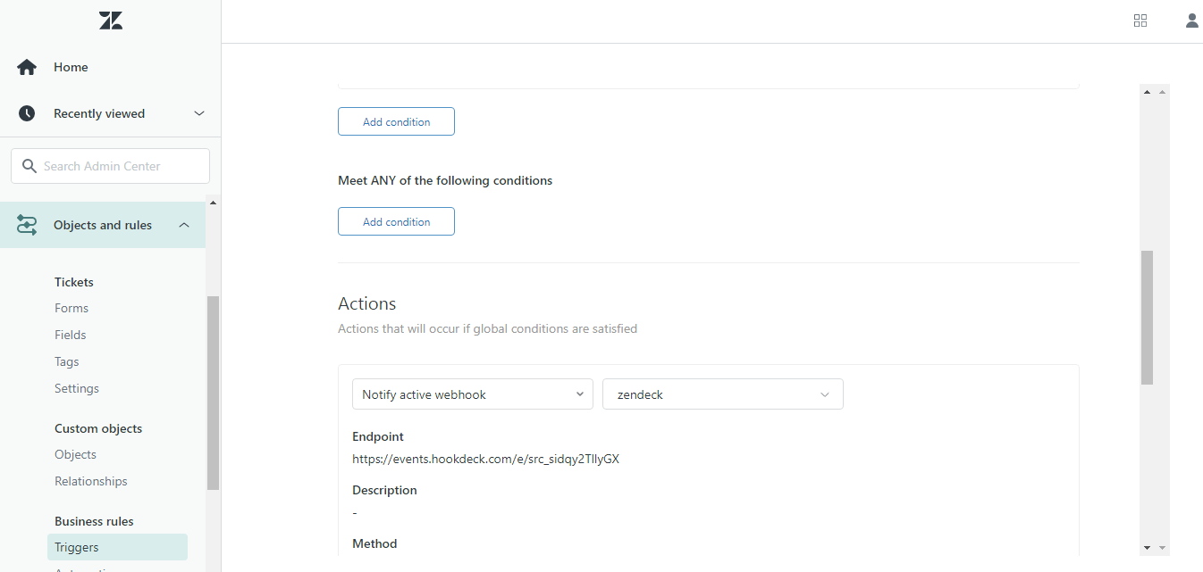 Define webhook trigger on Zendesk