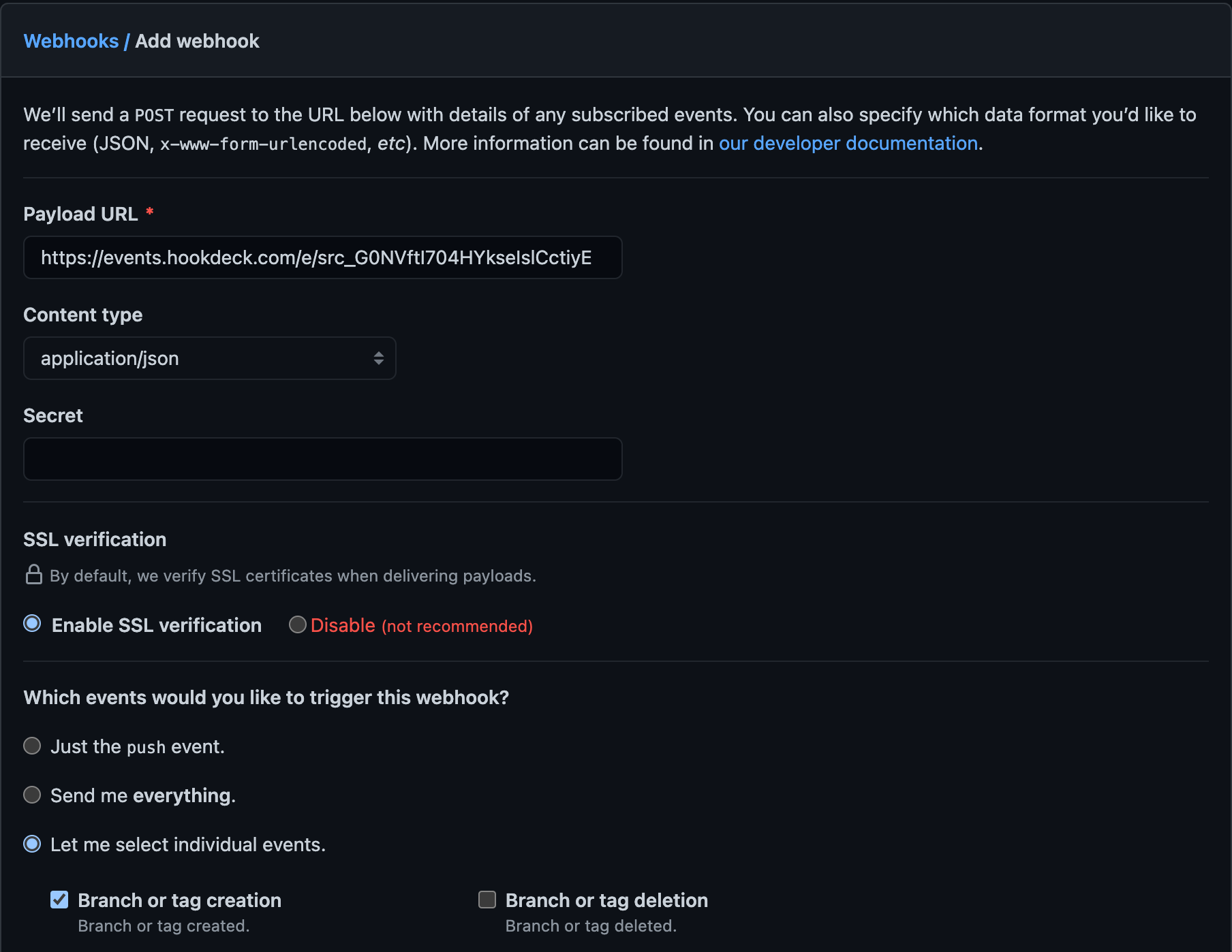 Github webhook event subscription