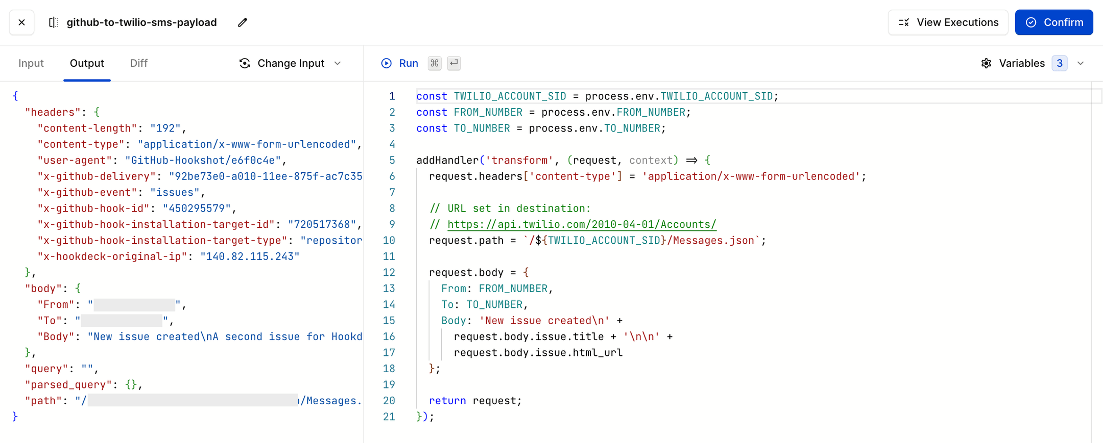 Hookdeck Transformation from GitHub webhook to Twilio send SMS API call