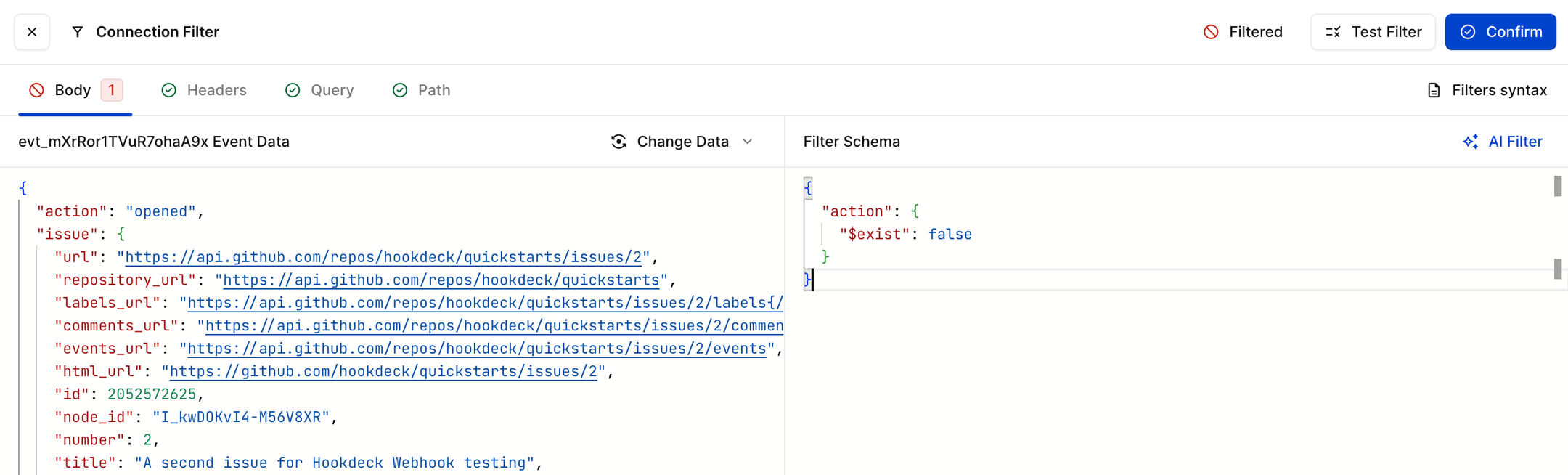 GitHub webhook filtering syntax
