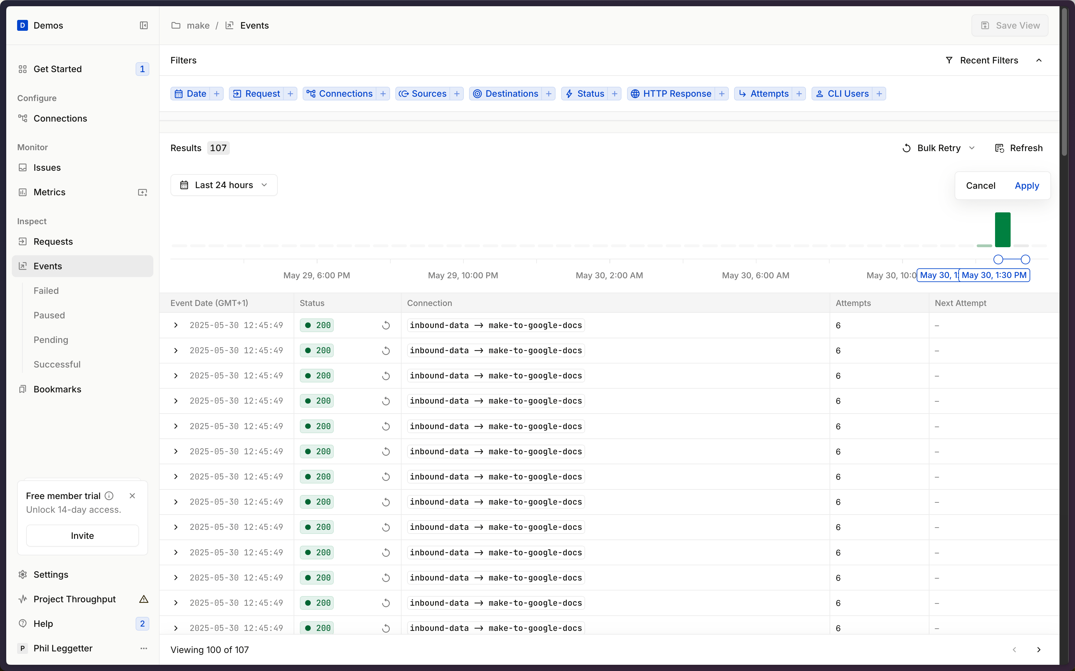 Hookdeck dashboard events list