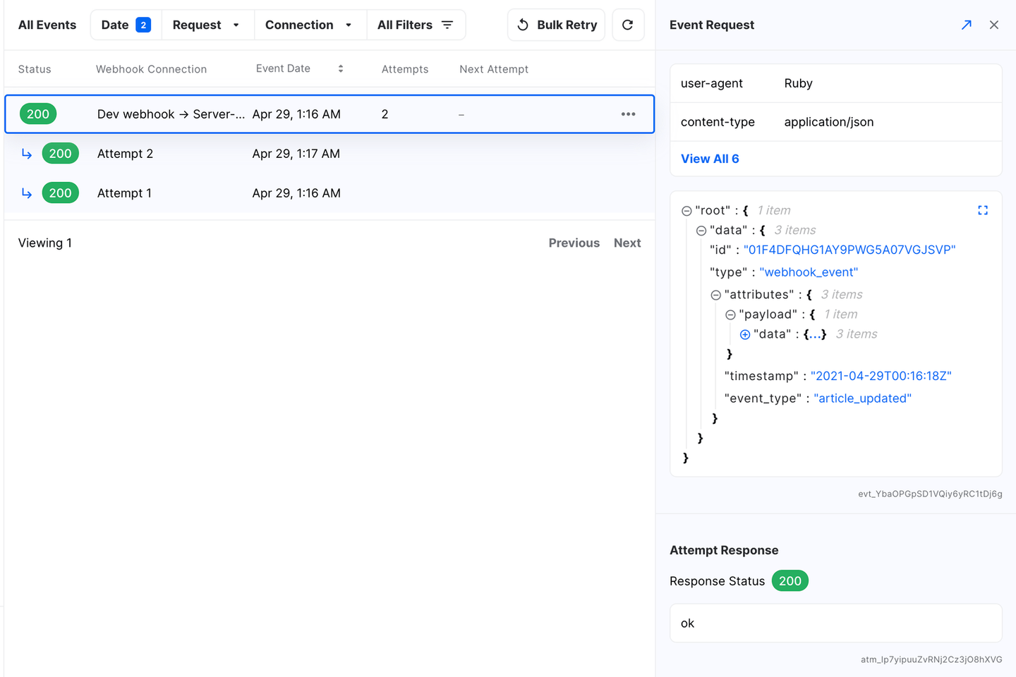 Inspecting Dev.to  webhook receive in production