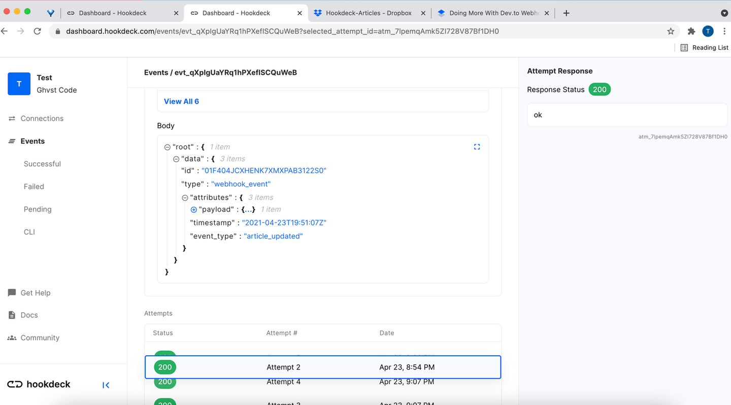 dev.to webhook to Hookdeck on local server