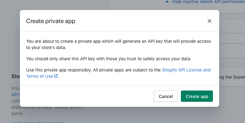 Click save to create private Shopify app