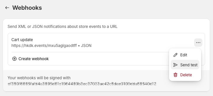 Send test webhook in Shopify Admin dashboard