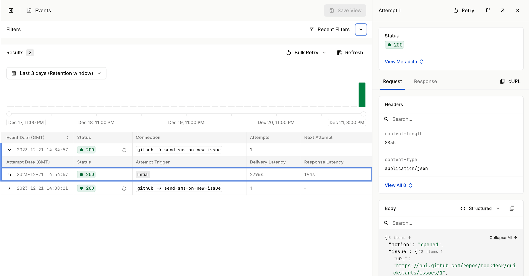 Events within the Hookdeck Dashboard