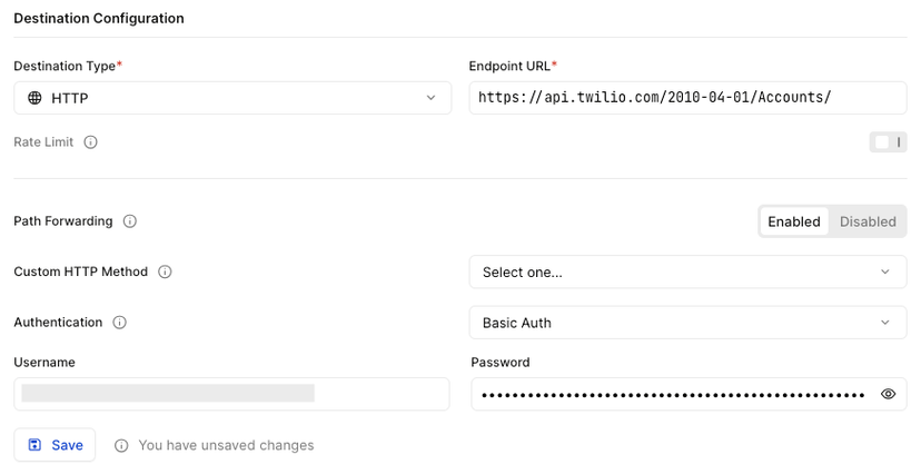 Twilio SMS API Destination URL and credentials
