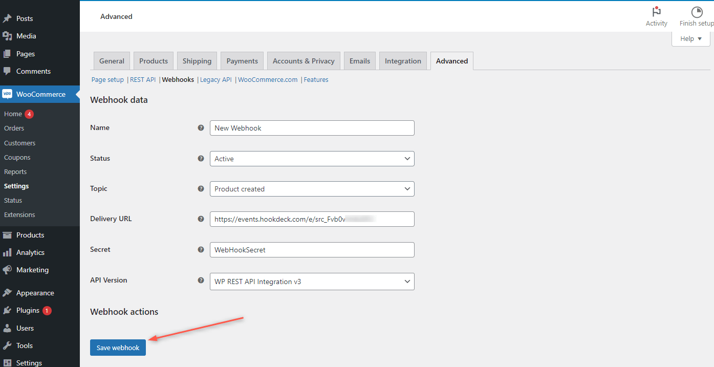 Save WooCommerce webhook