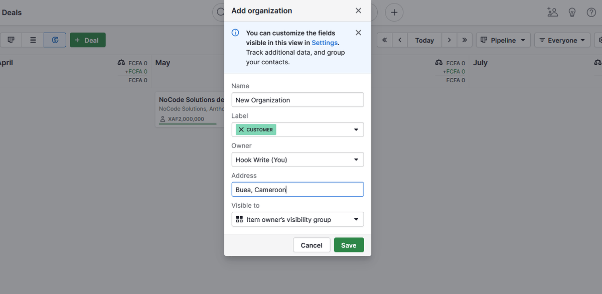 Pipedrive Save Organization