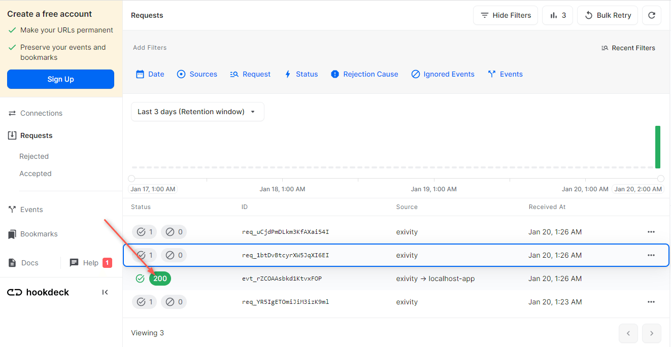 Exivity 200 status code on Hookdeck Request Dashboard screenshot