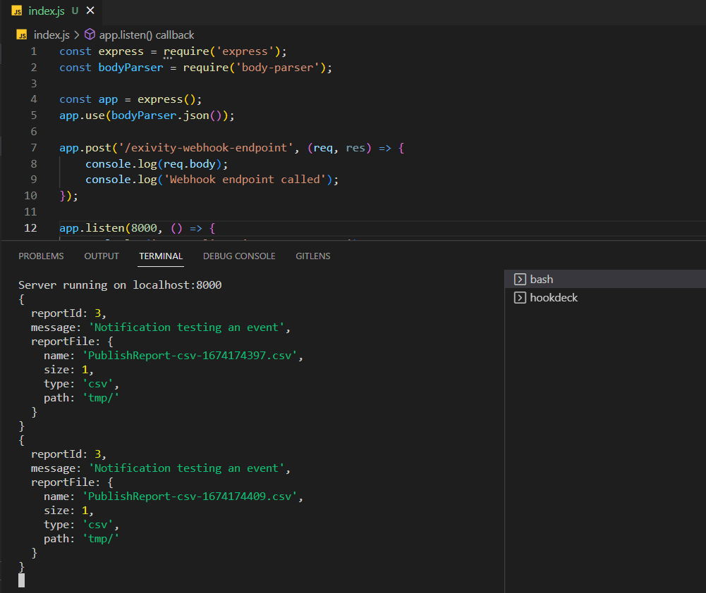 Exivity Webhook Logged on localhost screenshot