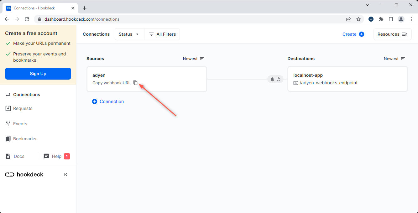 Adyen connection Hookdeck dashboard