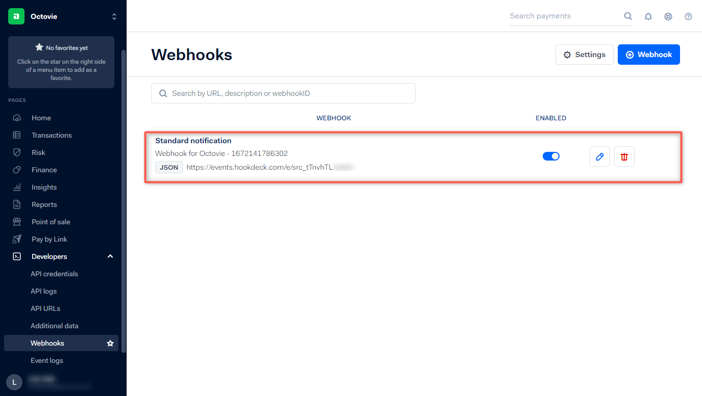 Webhook created Adyen dashboard