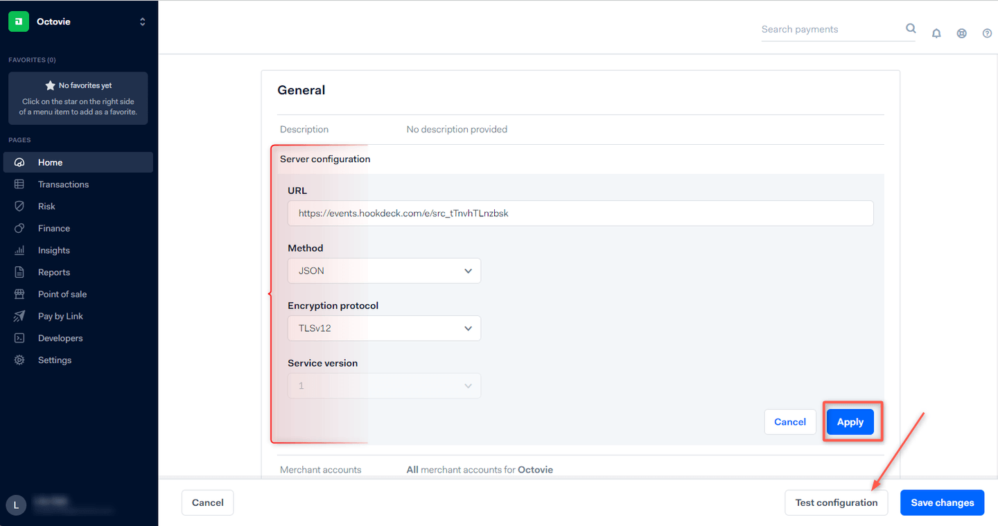 Test configuration Adyen dashboard