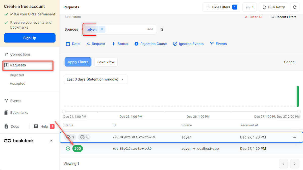 Adyen event received on Hookdeck Dashboard