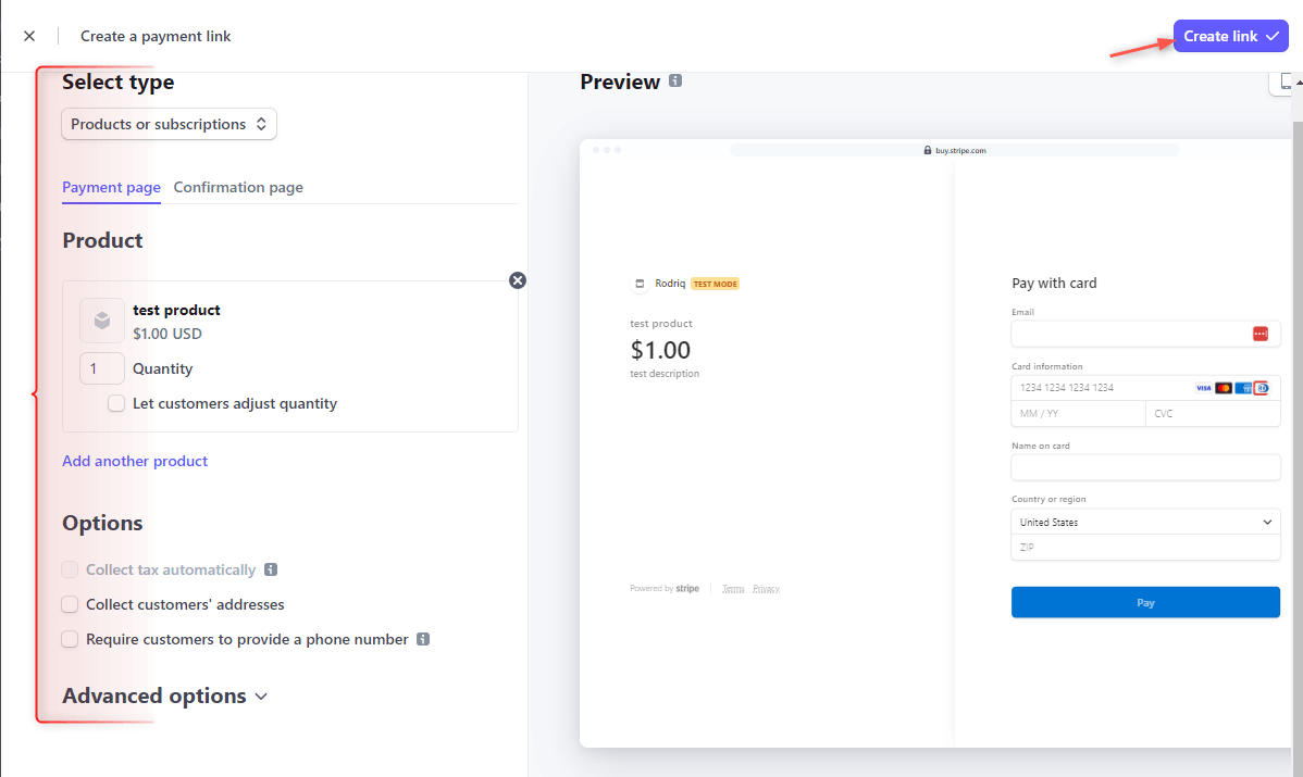 Stripe create link screenshot