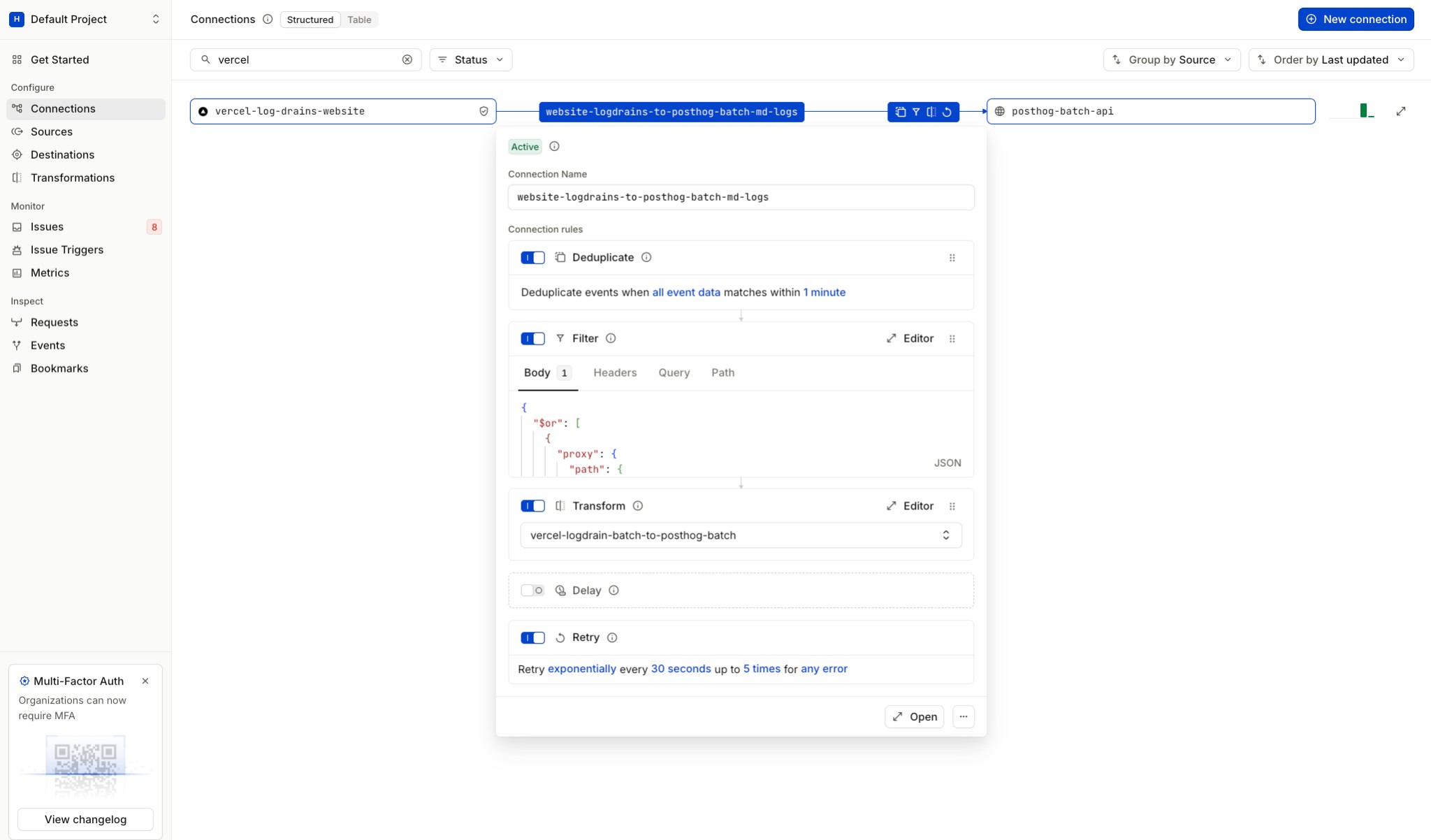Hookdeck connection showing vercel-log-drains-website source, connection with Deduplicate, Filter (Body) with $or/$endsWith schema, and Transform rules, and posthog-batch-api destination