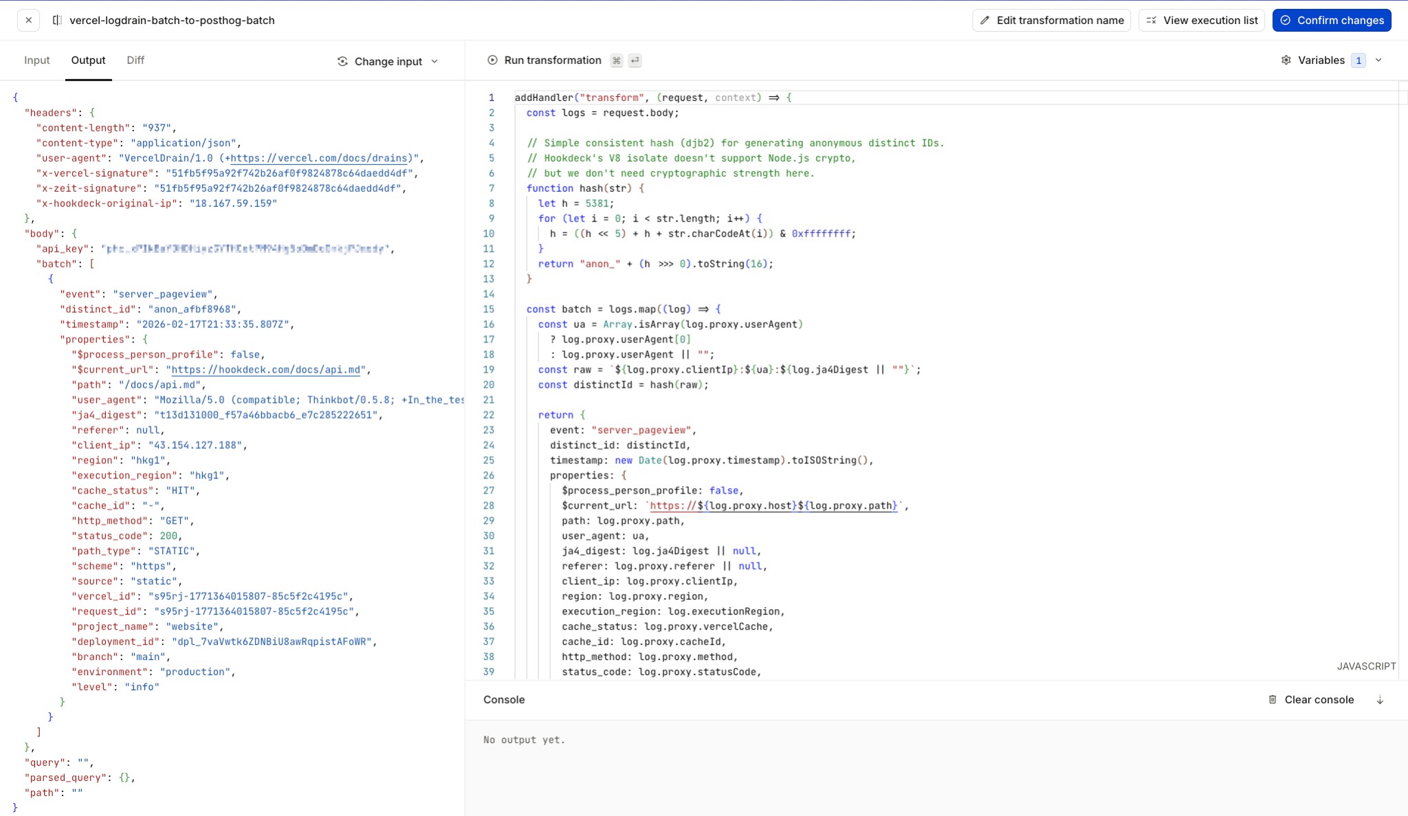 Hookdeck transformation editor: Input (Vercel log drain payload), transformation code, and Output in PostHog batch API format with API key obscured
