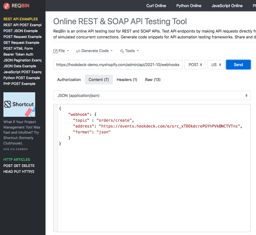 Shopify request to create webhooks in Reqbin 