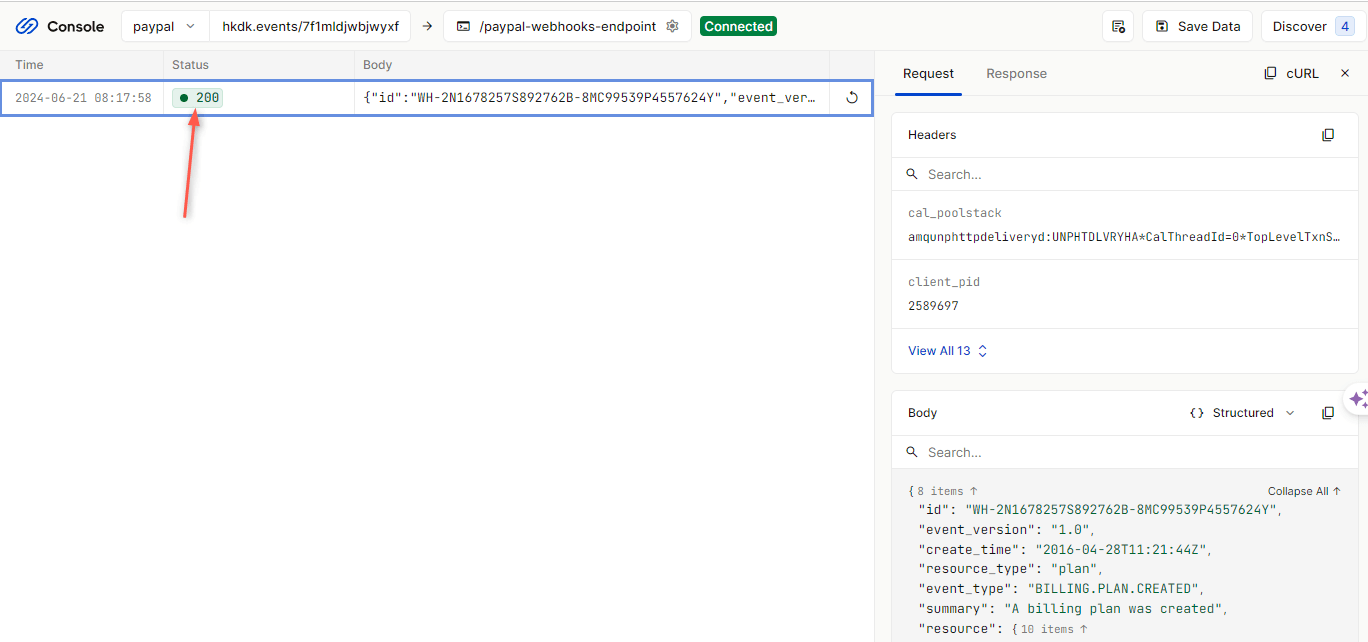 PayPal request received on Hookdeck request dashboard