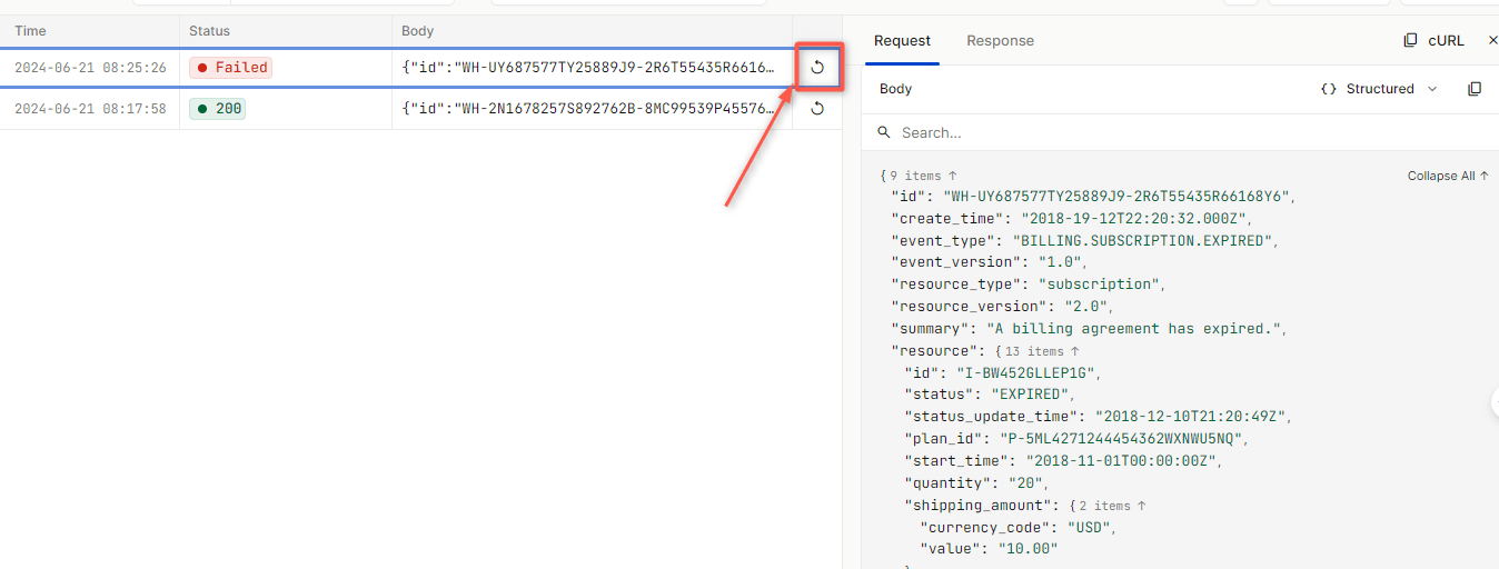 Retry failed paypal event on hookdeck dashboard screenshot