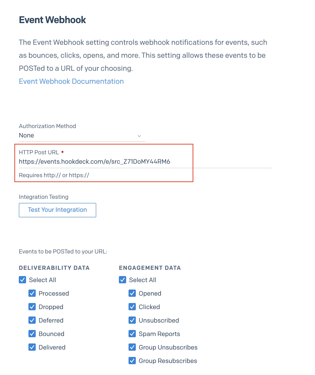 Add webhook URL on SendGrid screenshot