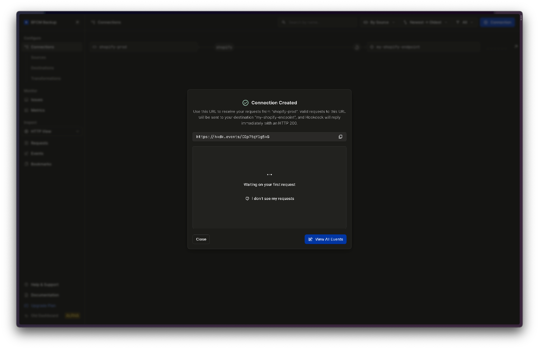 Hookdeck Connection URL Dialog