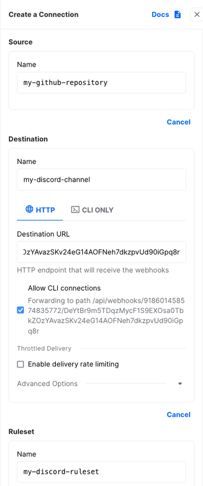 create webhook connection in Hookdeck