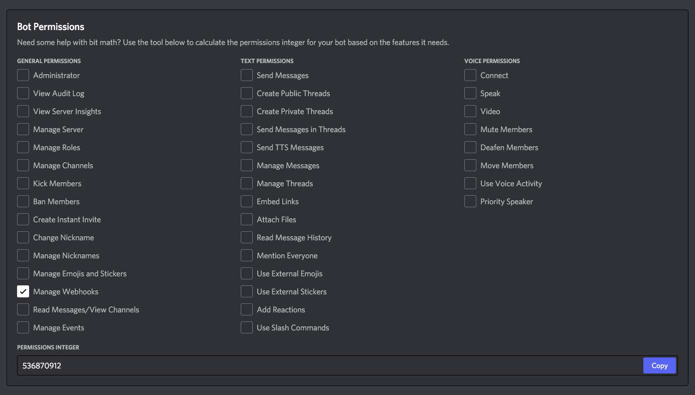 enable manage webhooks from bot permission