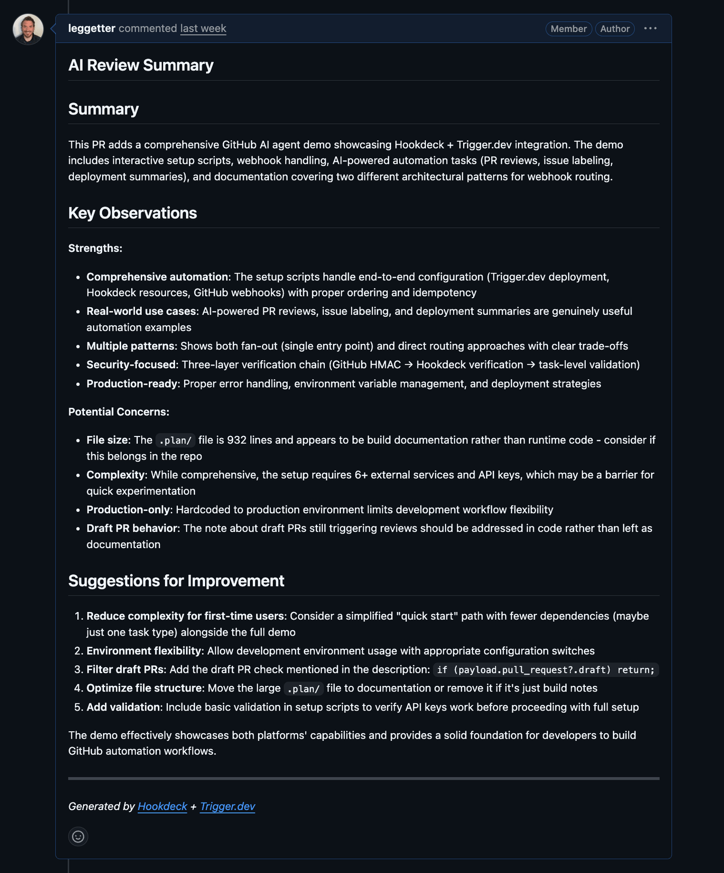 Claude's AI Review Summary comment posted to a GitHub pull request, covering summary, key observations, and suggestions for improvement