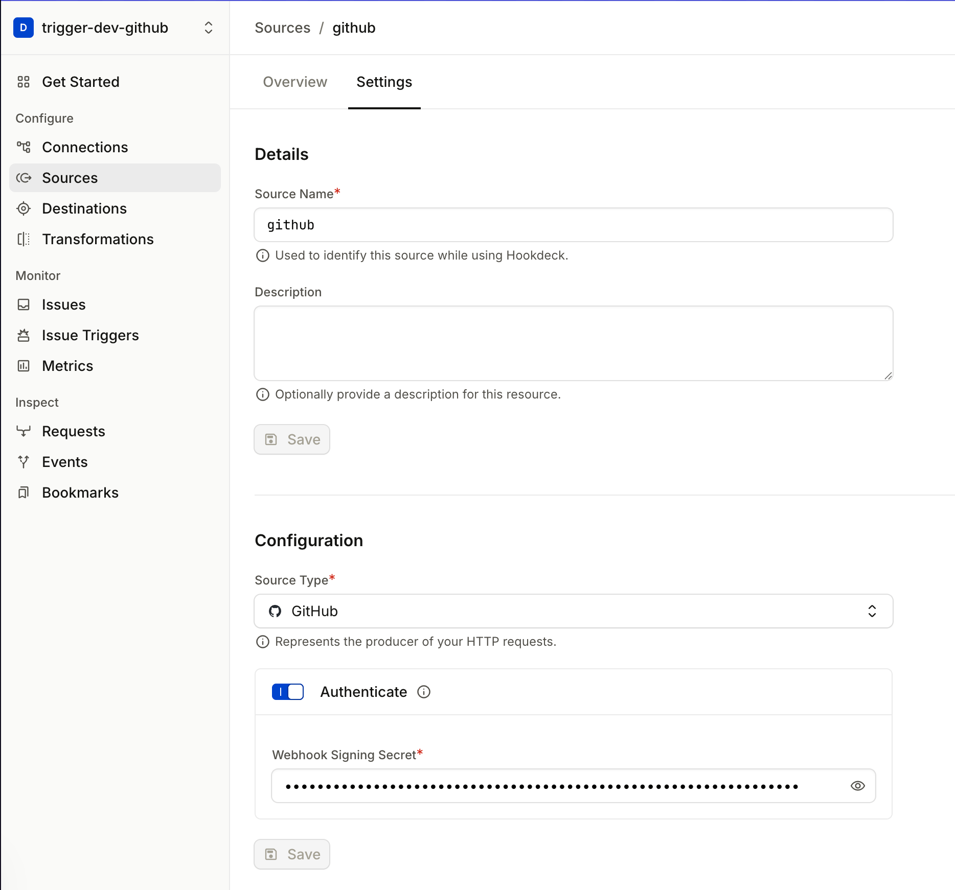 Hookdeck source configuration showing GitHub verification type and webhook signing secret