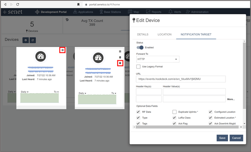 Screenshot of the edit device stage in senet portal