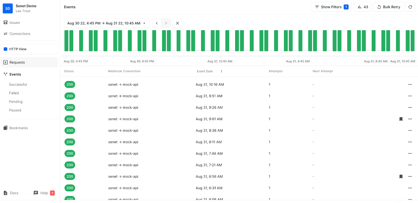Screenshot of senet events showing up in Hookdeck dashboard