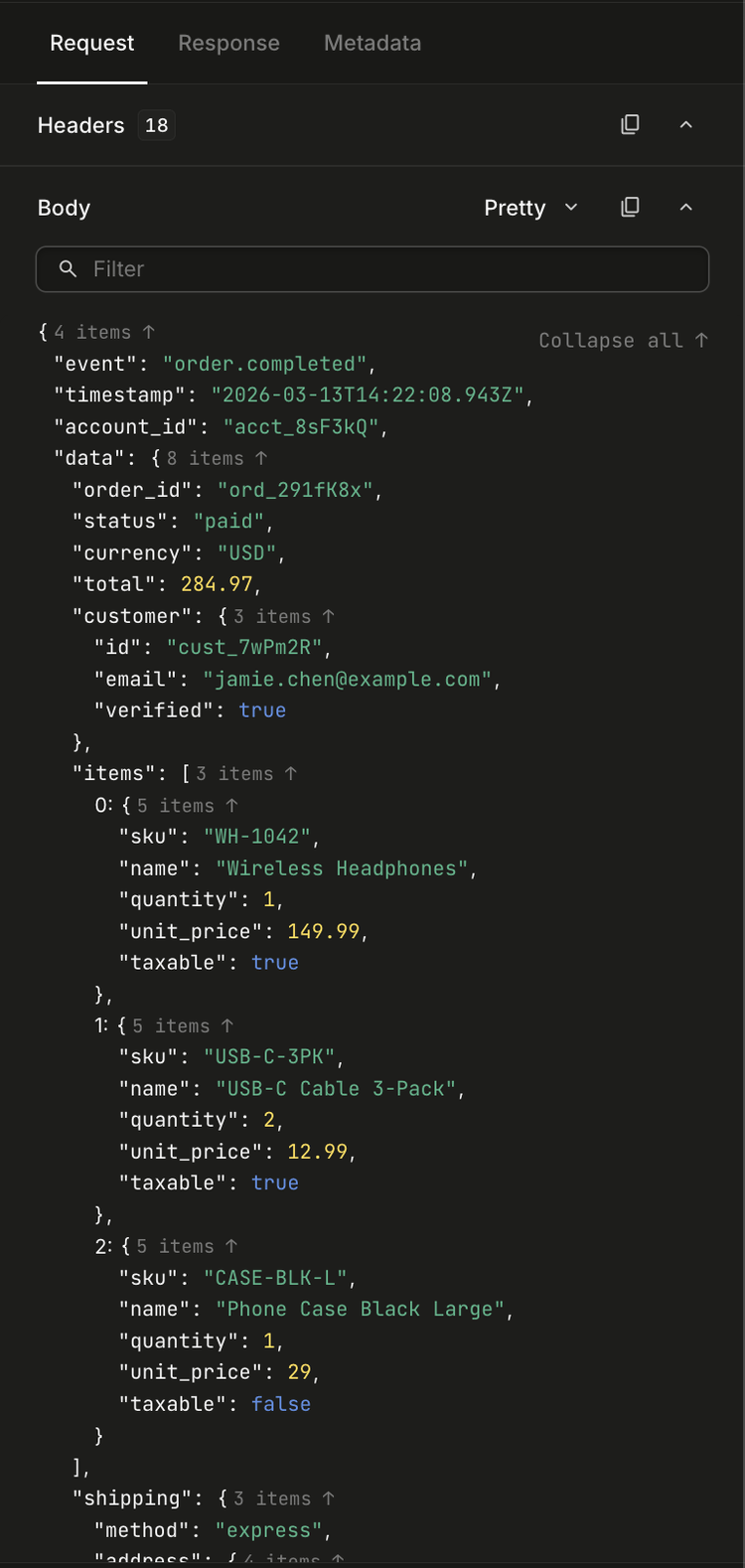A sample webhook payload in the Hookdeck dashboard showing a deeply nested order.completed event with mixed types — strings, numbers, booleans, arrays of objects — illustrating the unstructured nature of webhook data that needs to be searchable.