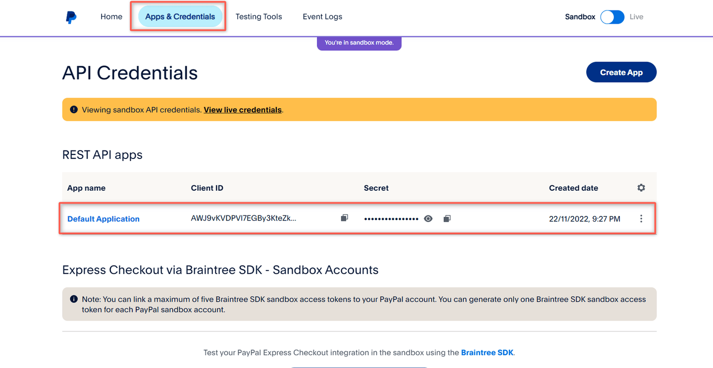 creating a paypal app
