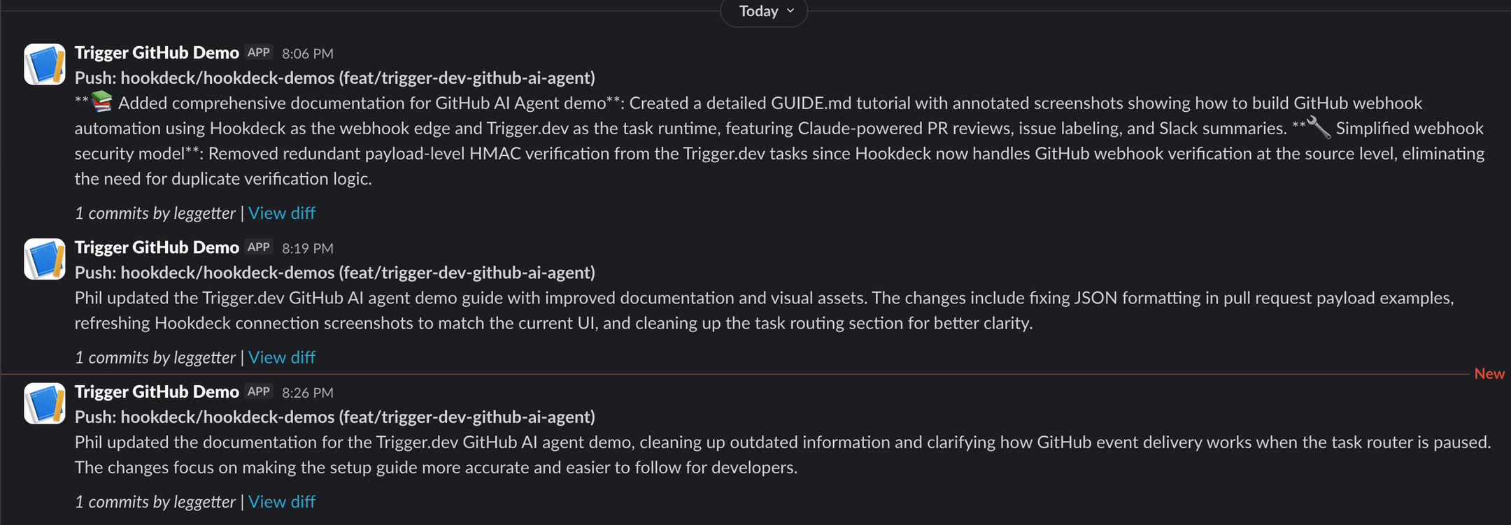 Slack channel showing push summary messages from the Trigger GitHub Demo app, with Claude-generated descriptions of each commit
