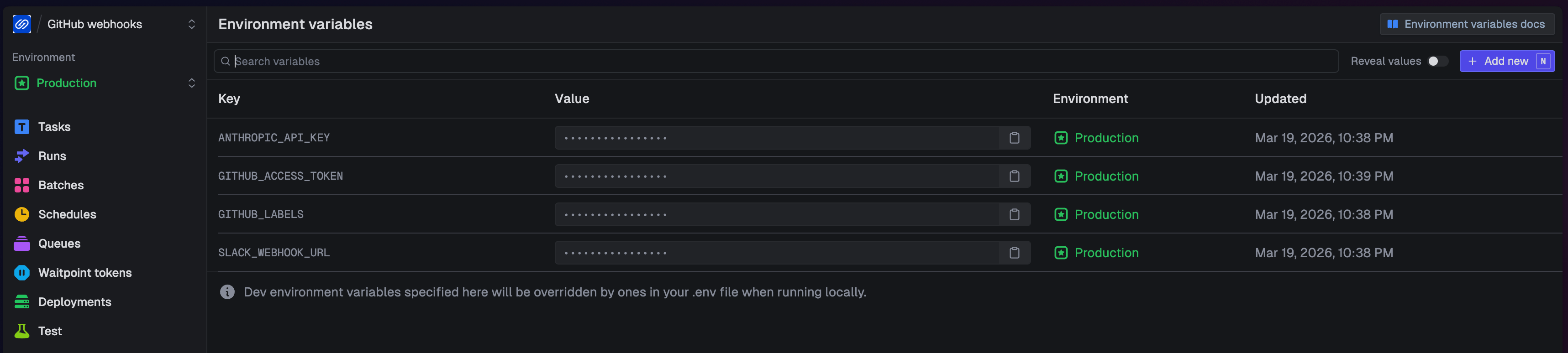 Trigger.dev Environment Variables panel for Production, showing synced keys
