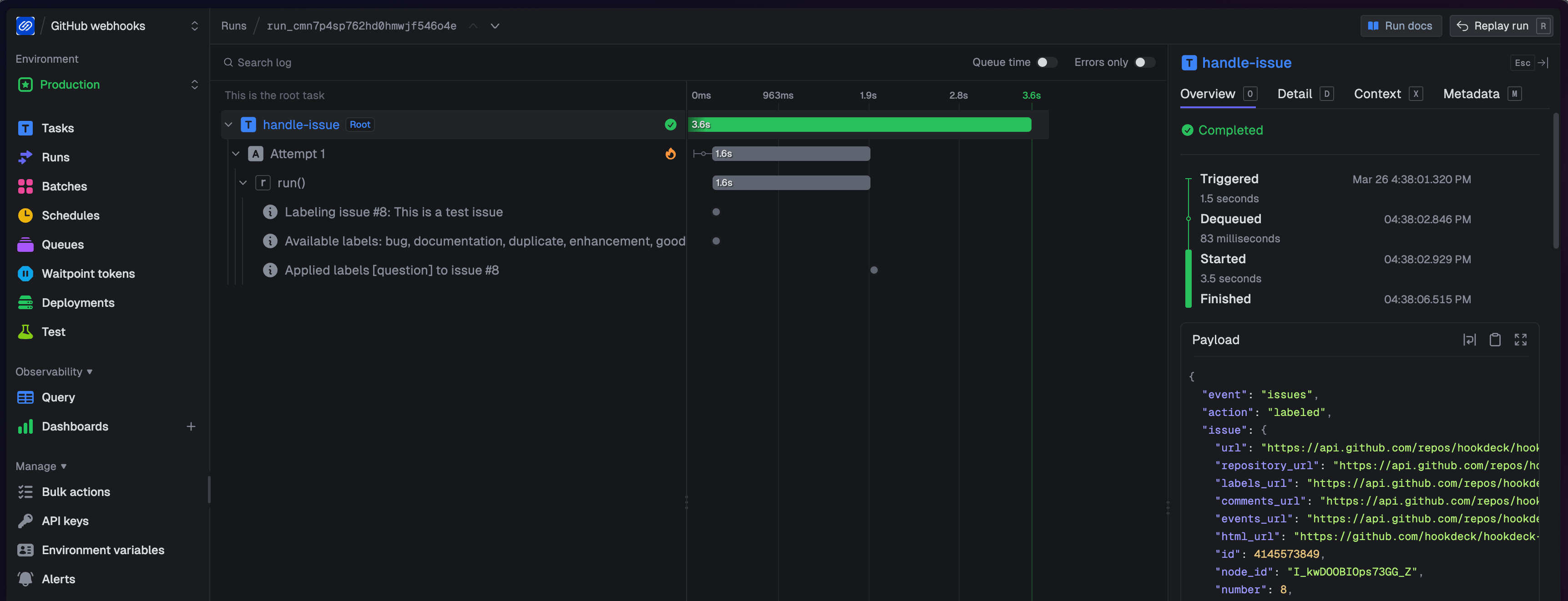 Trigger.dev run detail for handle-issue showing it as a Root task, invoked directly via Hookdeck connection routing with the classified labels applied to issue #8