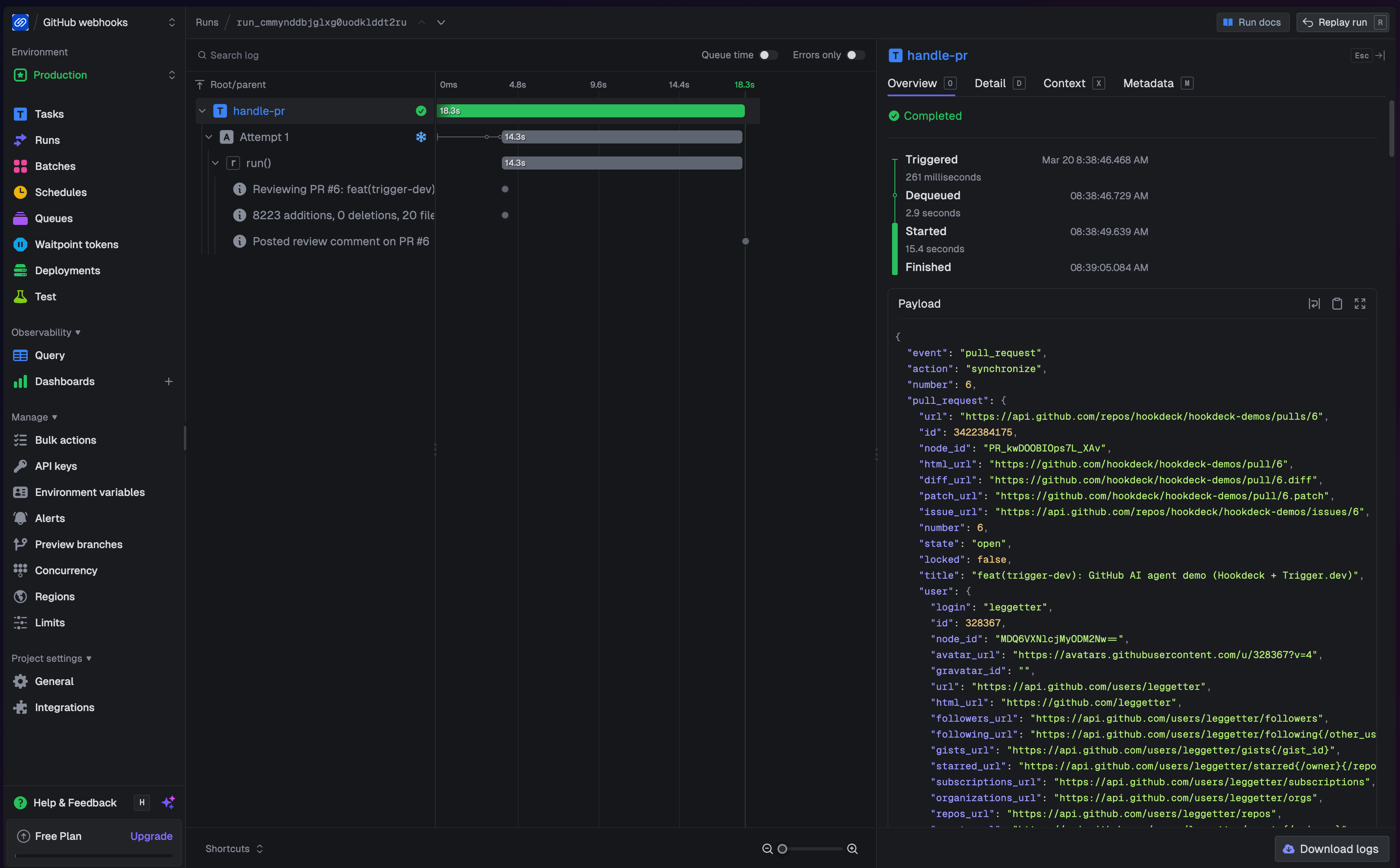 Trigger.dev run detail for handle-pr showing the completed child run with Claude API call timing, diff fetch, and the posted review comment on PR #6