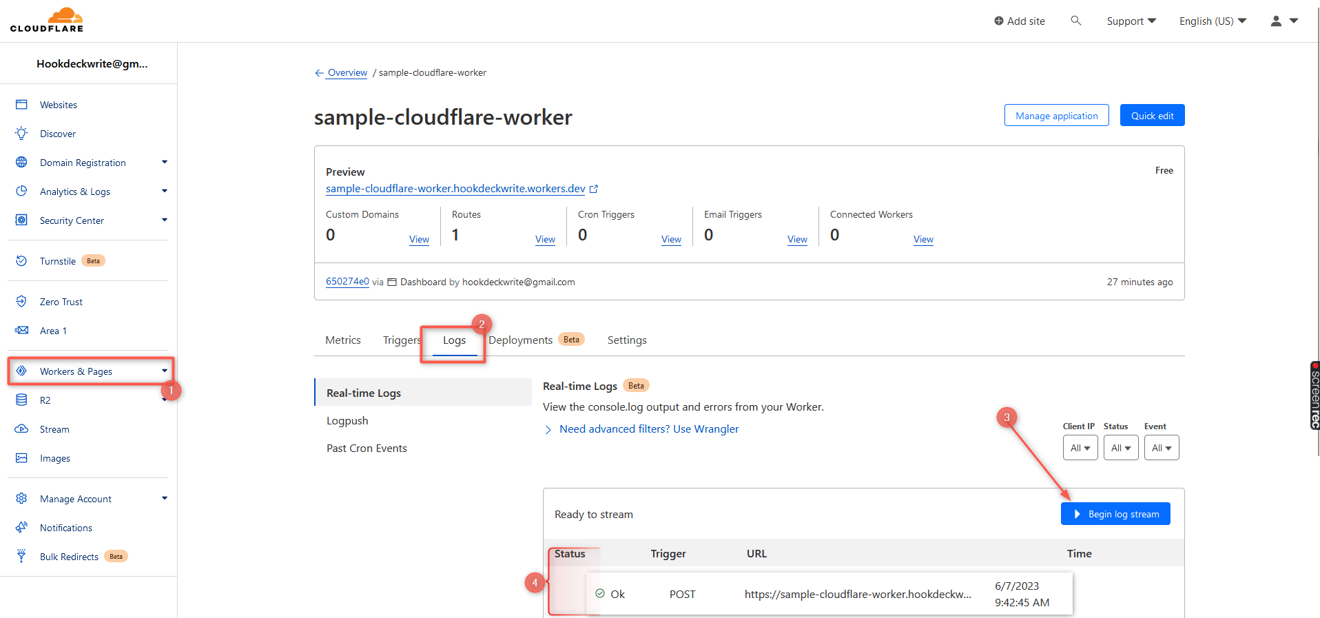 Cloudflare begin log stream