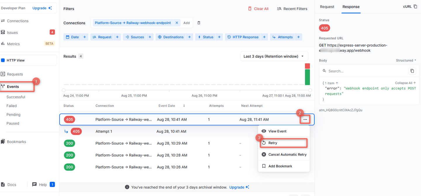 Retry Railway webhook event