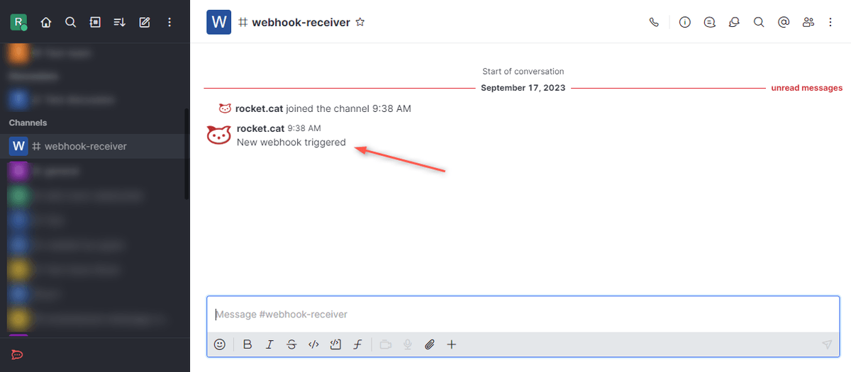 Rocket.Chat webhook receiver channel
