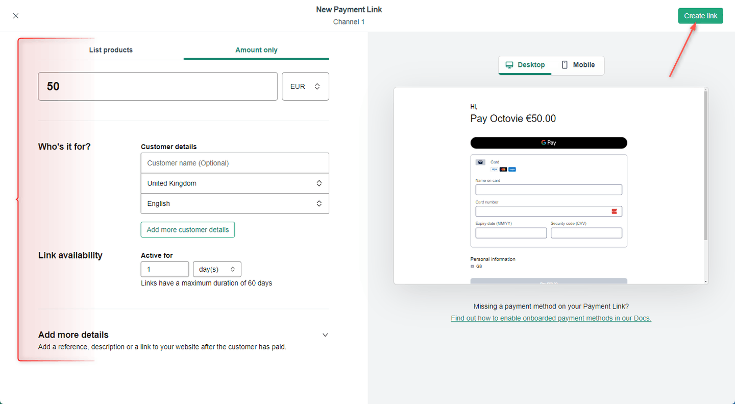 Checkout New payment link screenshot