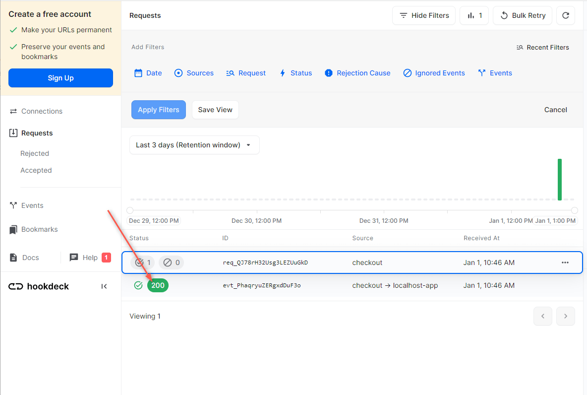 Checkout event 200 status code Hookdeck dashboard