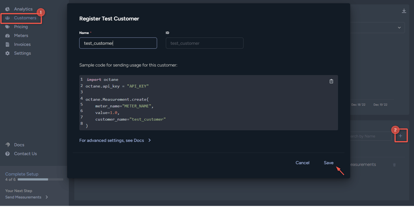 Octane Dashboard register test customer